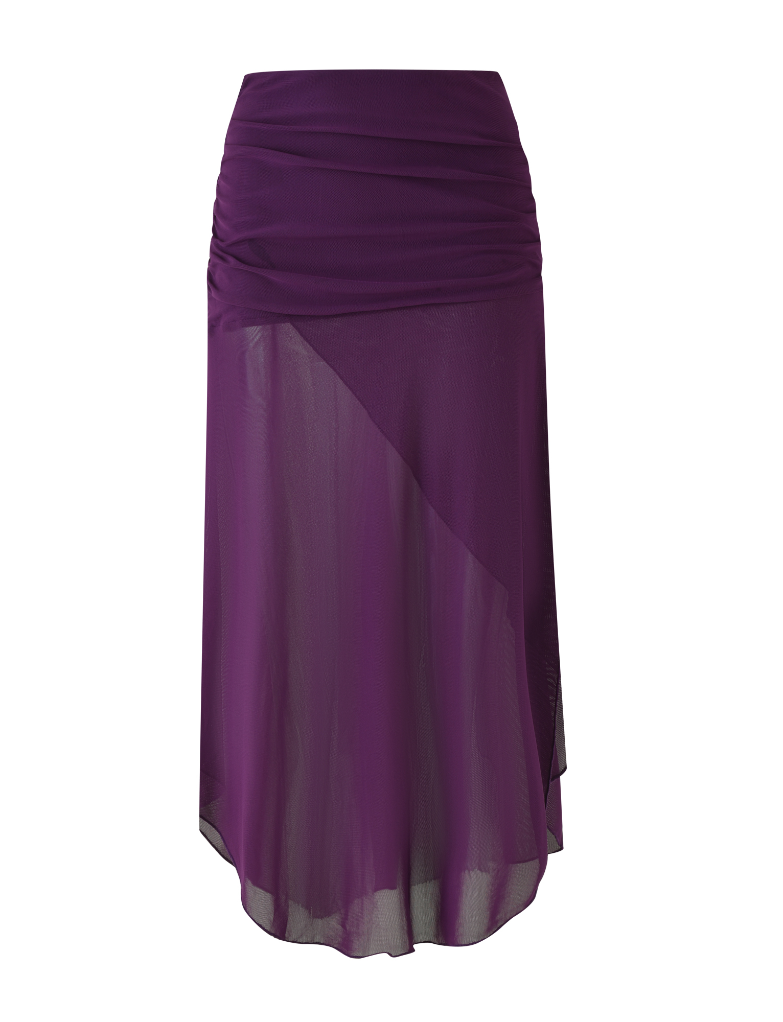 The TIGERMIST MARIANA SKIRT - PURPLE is a sheer, lightweight midi skirt with a ruched waistband, asymmetric wrap design, and layered translucent fabric.