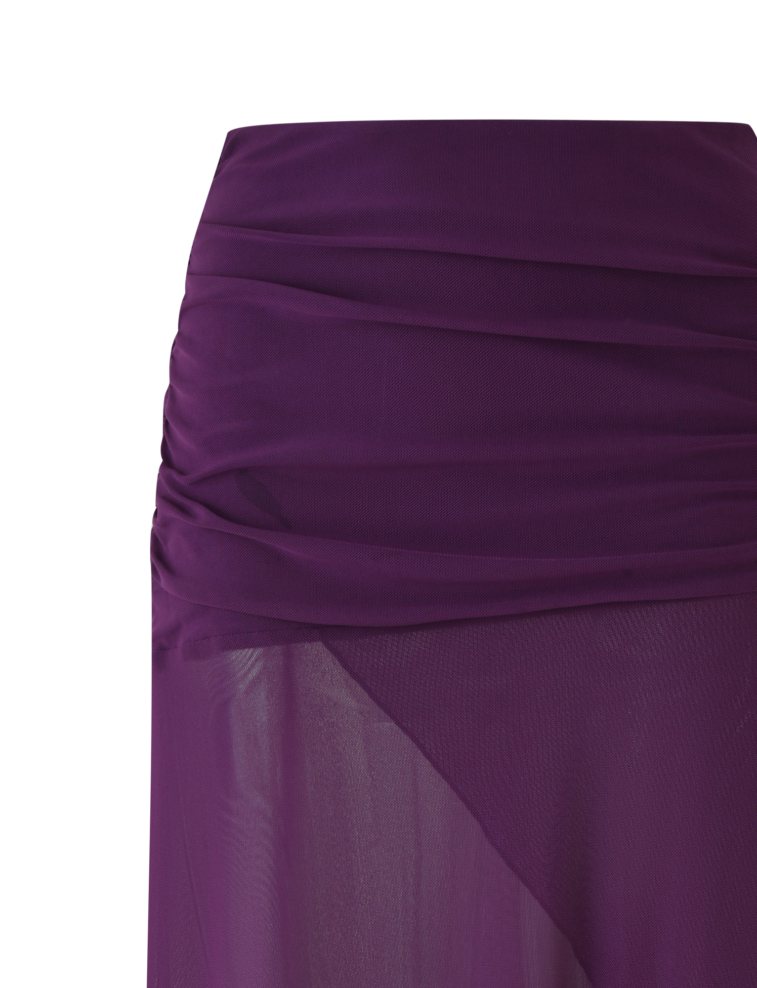 A close-up of the TIGERMIST MARIANA SKIRT - PURPLE shows ruched waist detailing, an asymmetric wrap hemline, and lightweight sheer fabric with a slightly transparent finish.