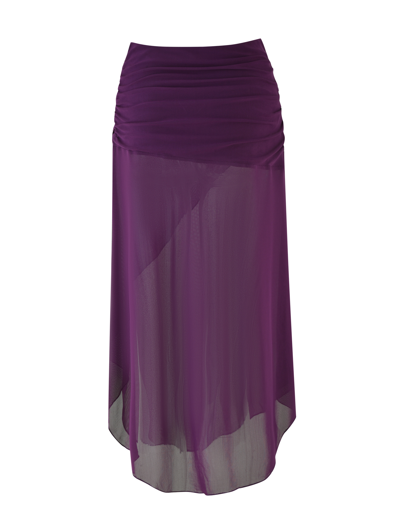 The TIGERMIST MARIANA SKIRT - PURPLE is a long, sheer skirt with a ruched waistband and an asymmetric wrap hem, shown on a white background.