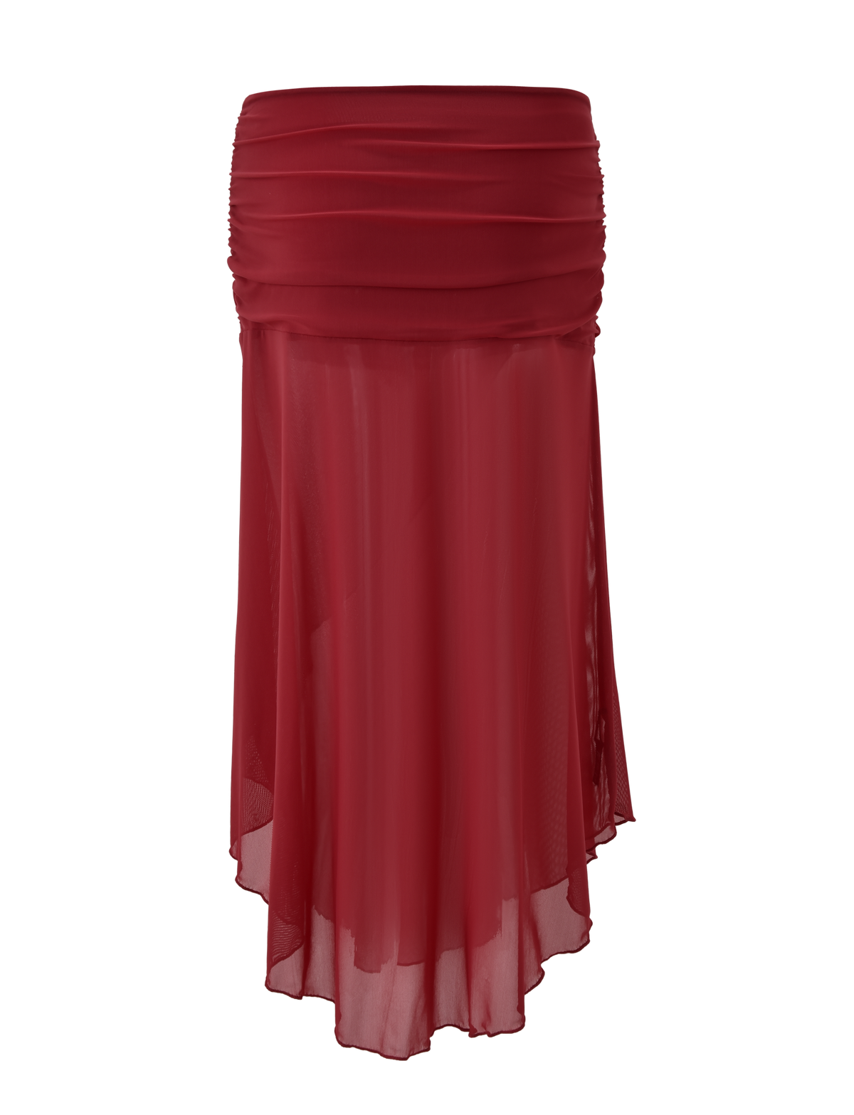 The TIGERMIST MARIANA SKIRT - RED is a flowy, asymmetric wrap skirt with a ruched waistband and sheer fabric, shown against a plain white background.