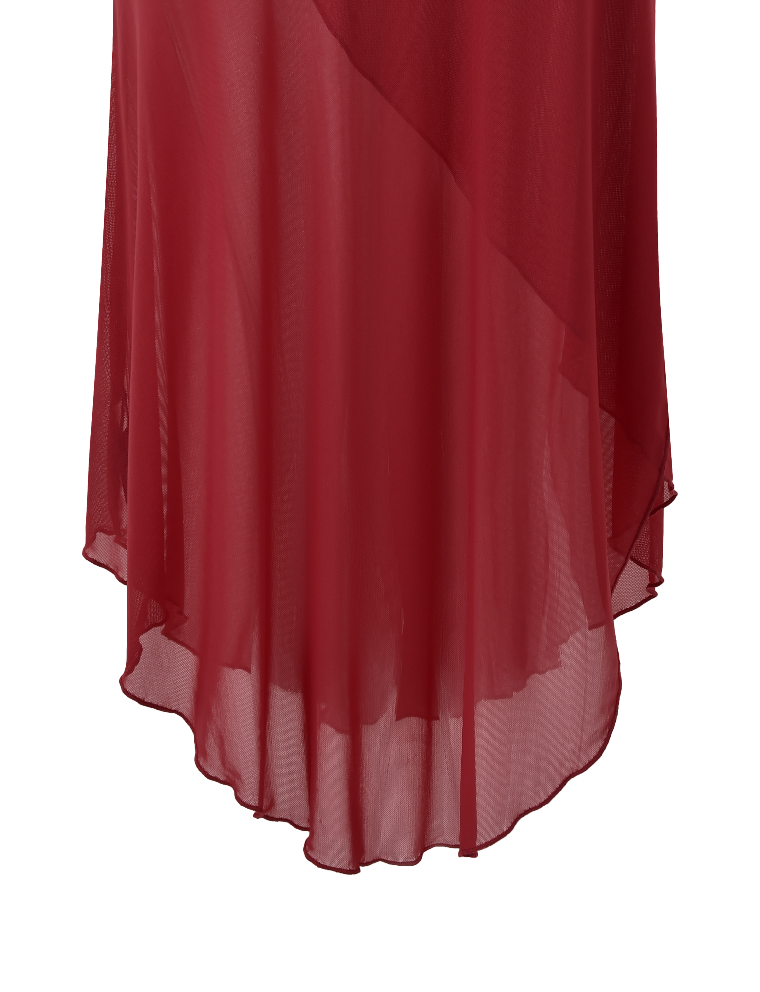 A close-up of the hem of the sheer, flowy TIGERMIST MARIANA SKIRT - RED features an asymmetrical cut, layered fabric, and a ruched waistband set against a white background.