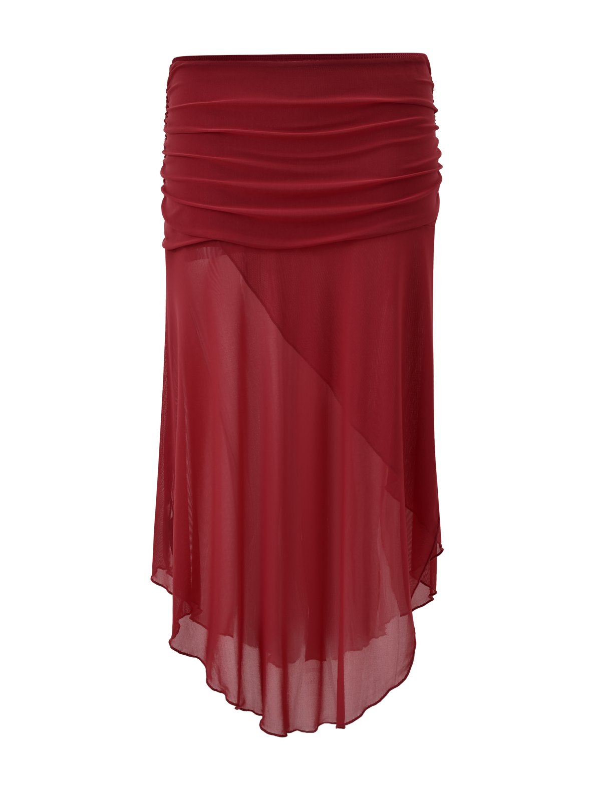 The TIGERMIST MARIANA SKIRT - RED is a knee-length, asymmetric wrap skirt with a ruched waistband, sheer lightweight fabric, and an elegant layered look.