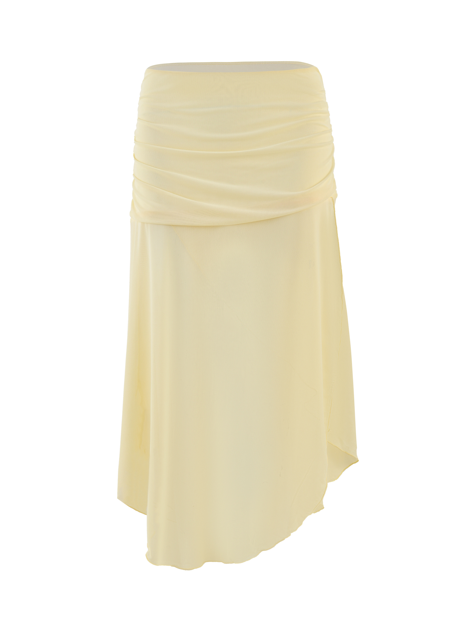 The TIGERMIST MARIANA SKIRT in pale yellow features an asymmetric wrap design with gentle ruching, a fitted waistband, knee-length cut, and uneven hem. Made from soft, slightly sheer mesh. Displayed on a plain white background.