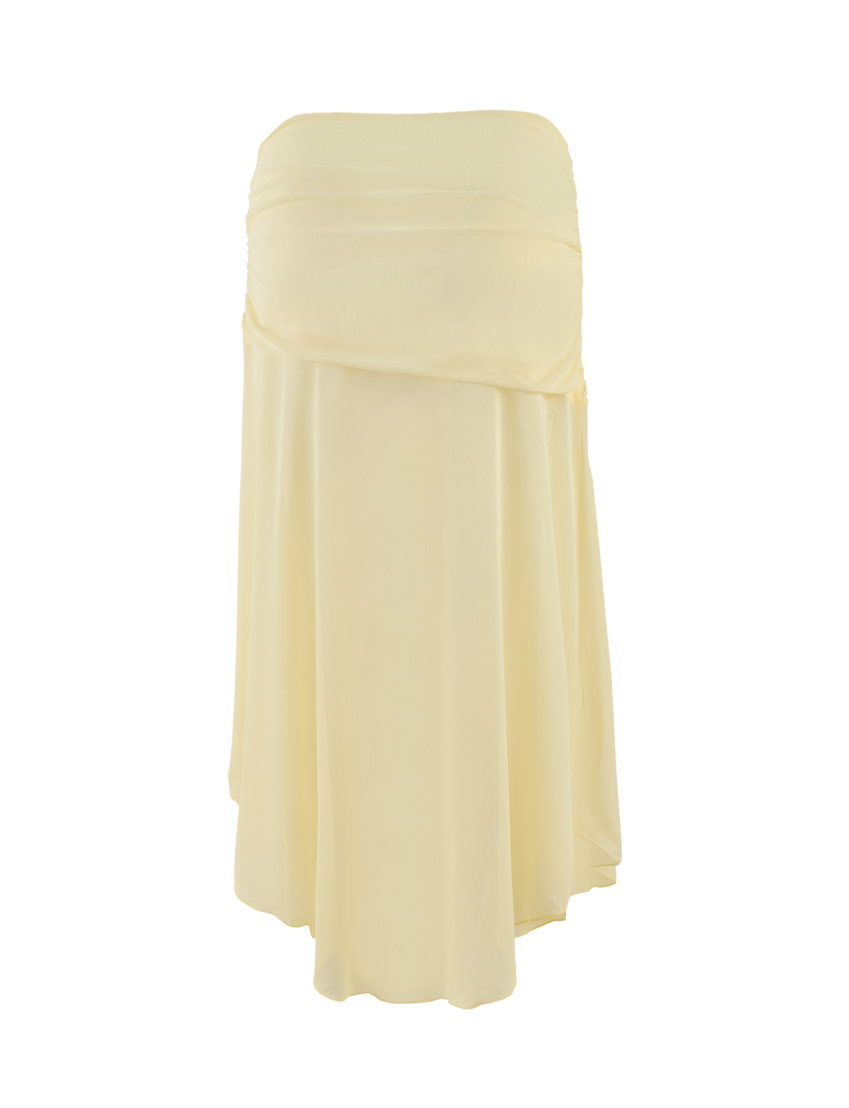 The TIGERMIST MARIANA SKIRT in pale yellow features a strapless, flowy mesh fabric with a layered, asymmetrical hemline, displayed on a plain white background.