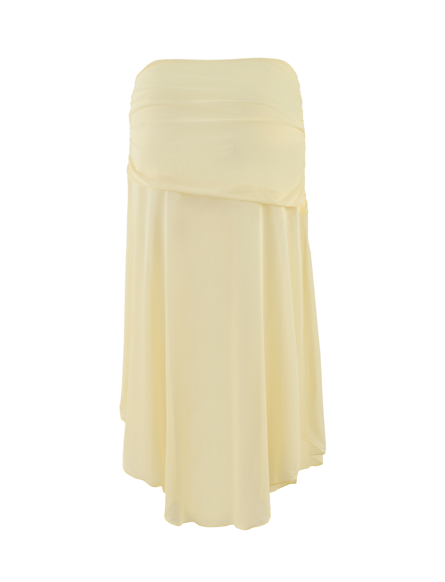 The TIGERMIST MARIANA SKIRT in pale yellow features a strapless, flowy mesh fabric with a layered, asymmetrical hemline, displayed on a plain white background.