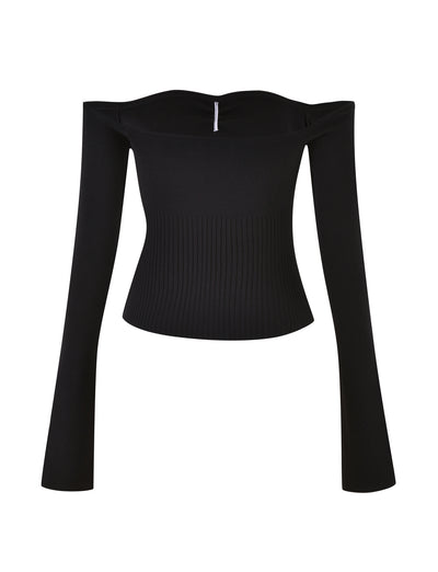 The LILYANNA LONG SLEEVE TOP - BLACK by TIGERMIST is an elegantly minimalist, black off-the-shoulder top. It features rib detail, long sleeves that extend beyond the wrists, and a zipper closure at the back. The knit fabrication ensures a stretchy and snug fit.