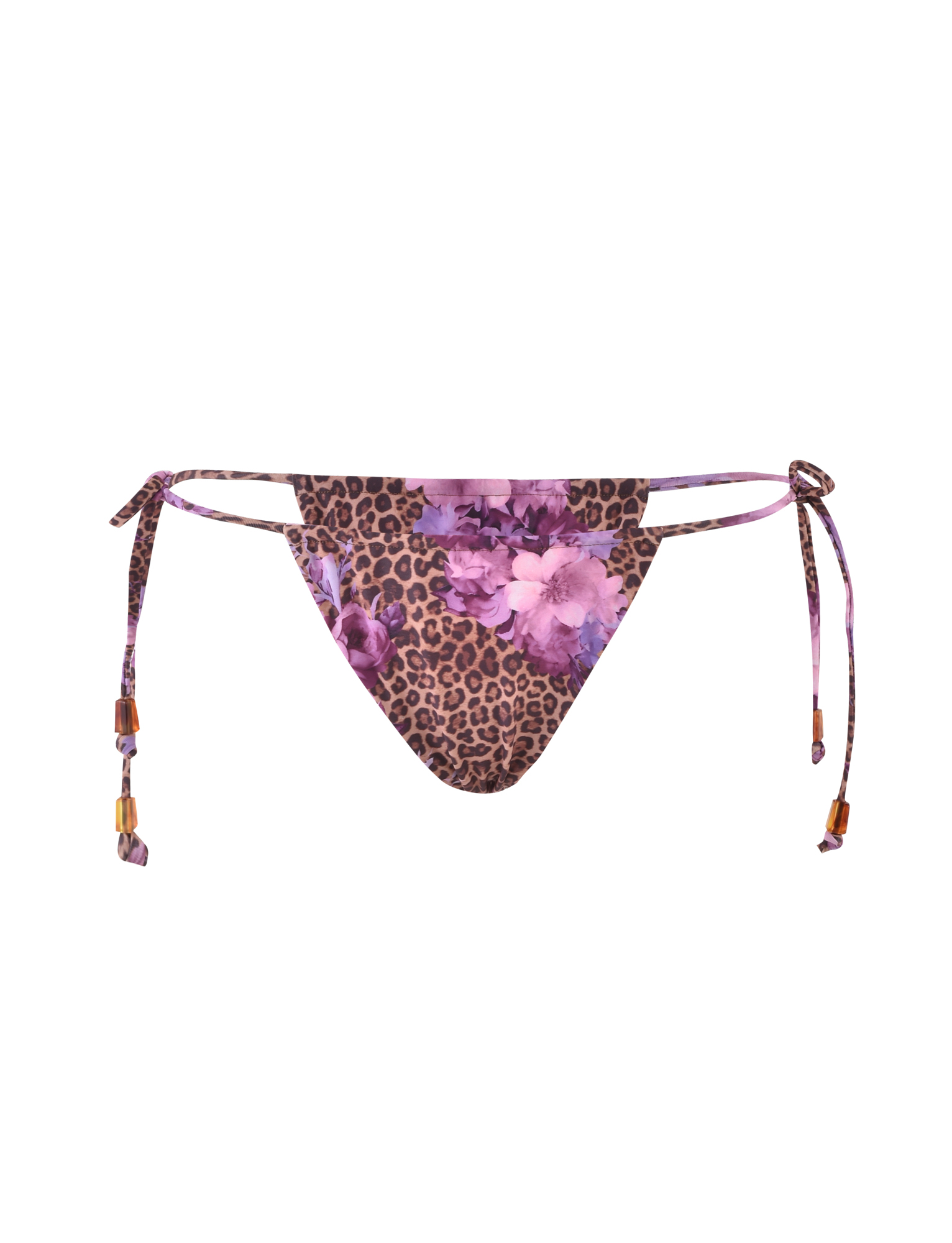The TIGERMIST DESIRAE BIKINI BOTTOM in purple features a floral and leopard print, adjustable side ties, and bead accents, shown on a white background.