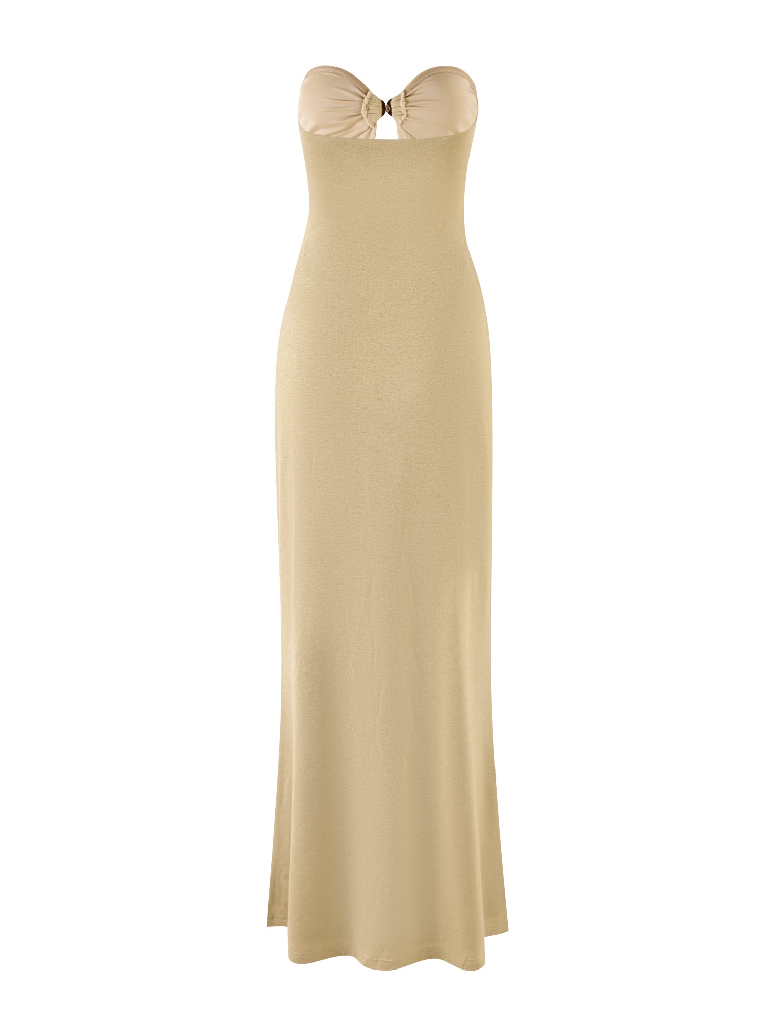 Introducing the CECILY MAXI DRESS – GOLD by TIGERMIST: This stunning strapless dress showcases a floor-length design in an elegant gold hue. It features a fitted bodice with a slight flare at the bottom, complemented by a keyhole cutout near the neckline tied with a small knot. Its smooth and lightweight fabric enhances its sophisticated appeal.
