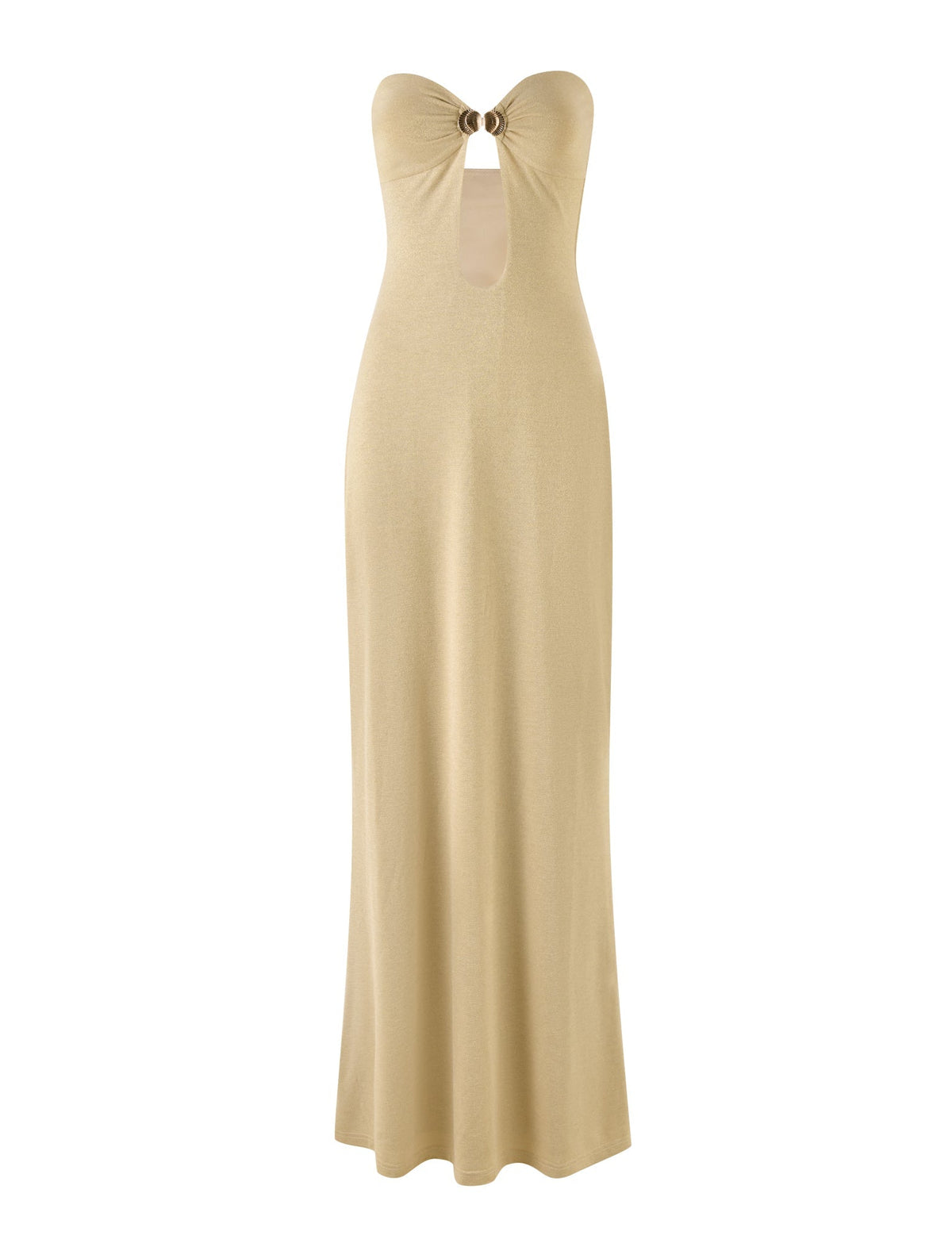 The TIGERMIST CECILY MAXI DRESS - GOLD showcases a long, strapless design in a beige gold colourway, featuring a central ring detail at the neckline that forms a keyhole cutout at the chest. The dress boasts a sleek and smooth silhouette that extends to the floor.