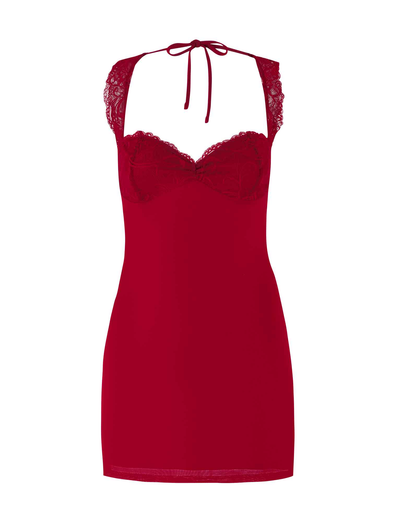 The NYOMI MINI DRESS - RED by TIGERMIST features a lace bust panel, lace-trimmed straps, a fitted bodice, and an open back with a tie closure at the neck.