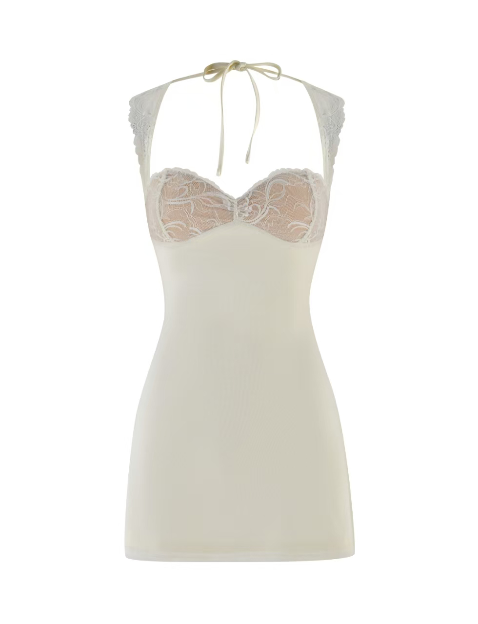 The TIGERMIST NYOMI MINI DRESS - WHITE : CREAM is an ivory slip dress featuring a lace bust, adjustable halter neck tie, sheer lace detailing on the bust and straps, a form-fitting silhouette, and an elegant open back.