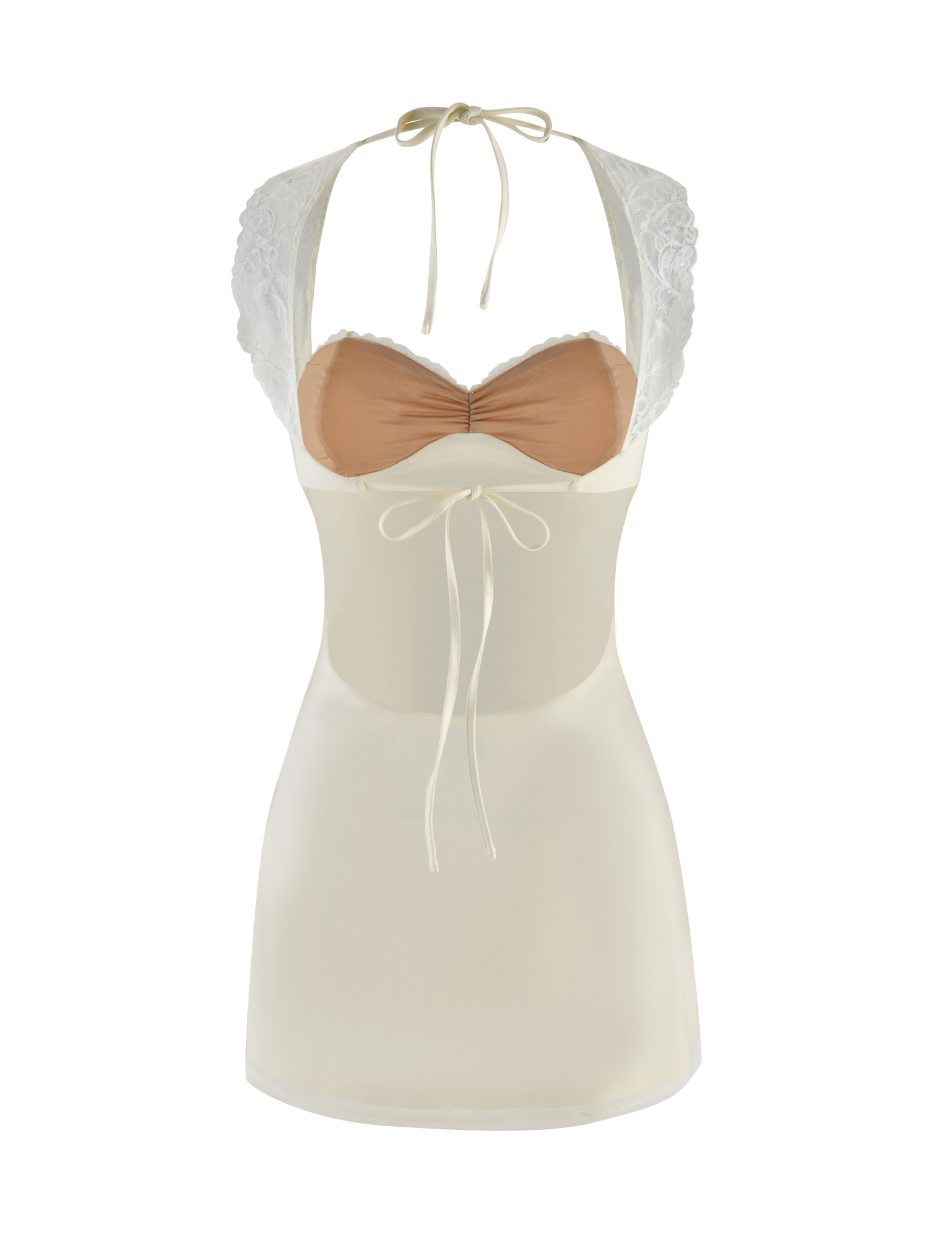 The NYOMI MINI DRESS - WHITE : CREAM by TIGERMIST features lace-trimmed halter straps, a sheer upper bodice, lace bust, beige padded cups, satin ribbon front tie, and an open back. Shown on a white background.
