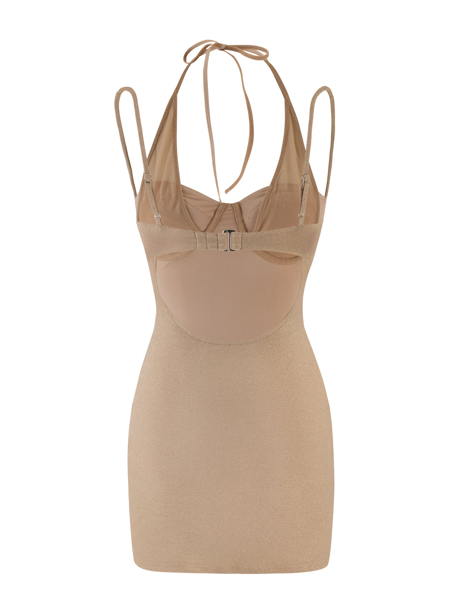 The ELLISON MINI DRESS by TIGERMIST, in a gold hue, showcases a chic bodycon fit with thin straps and a halter neckline. It features front cutout detailing complemented by a central buckle, offering trendy appeal that perfectly flatters for any occasion.