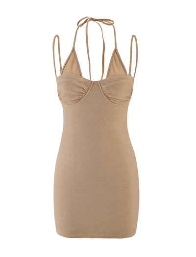 The ELLISON MINI DRESS - GOLD by TIGERMIST is a sleeveless, bodycon mini dress with a sweetheart neckline. It showcases thin straps that tie gracefully around the neck, and its subtle sparkle lurex finish adds a touch of elegance.