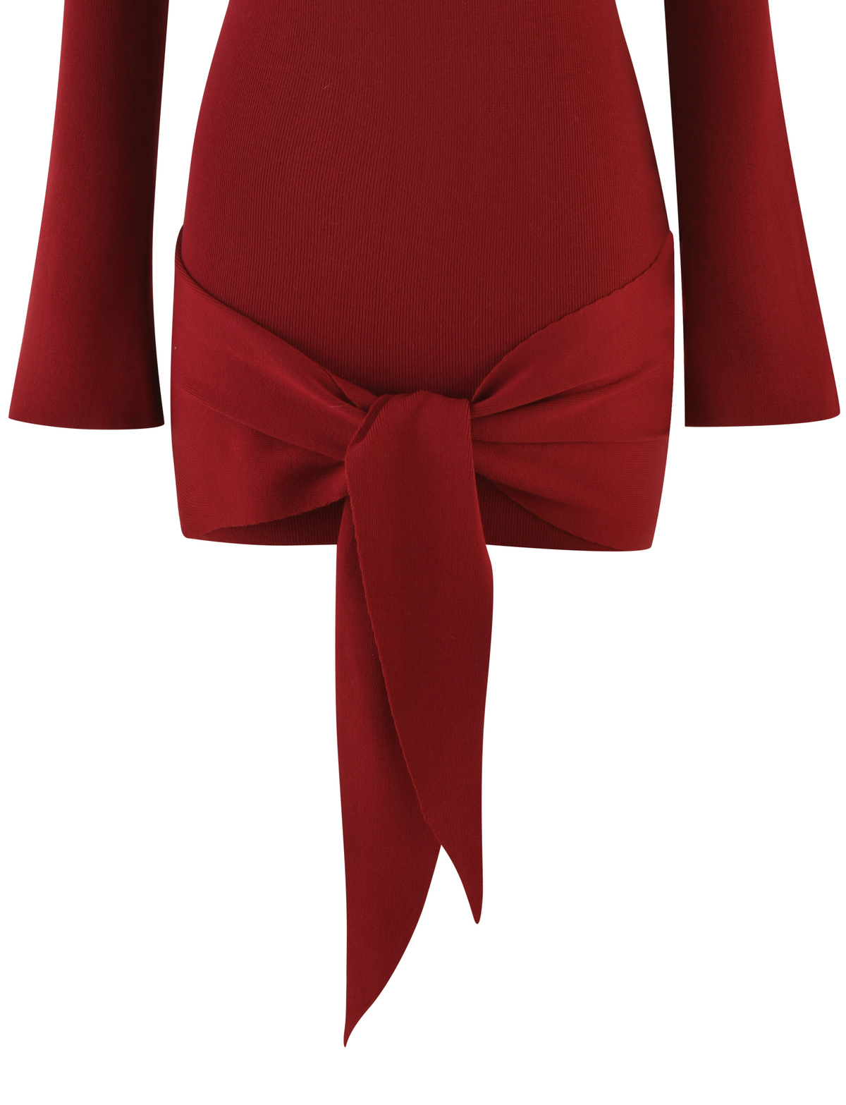 A close-up of the TIGERMIST CYPRESS MINI DRESS - RED : WINE, featuring a wide front waist tie and a smooth, bodycon fit that highlights the waist and hips.