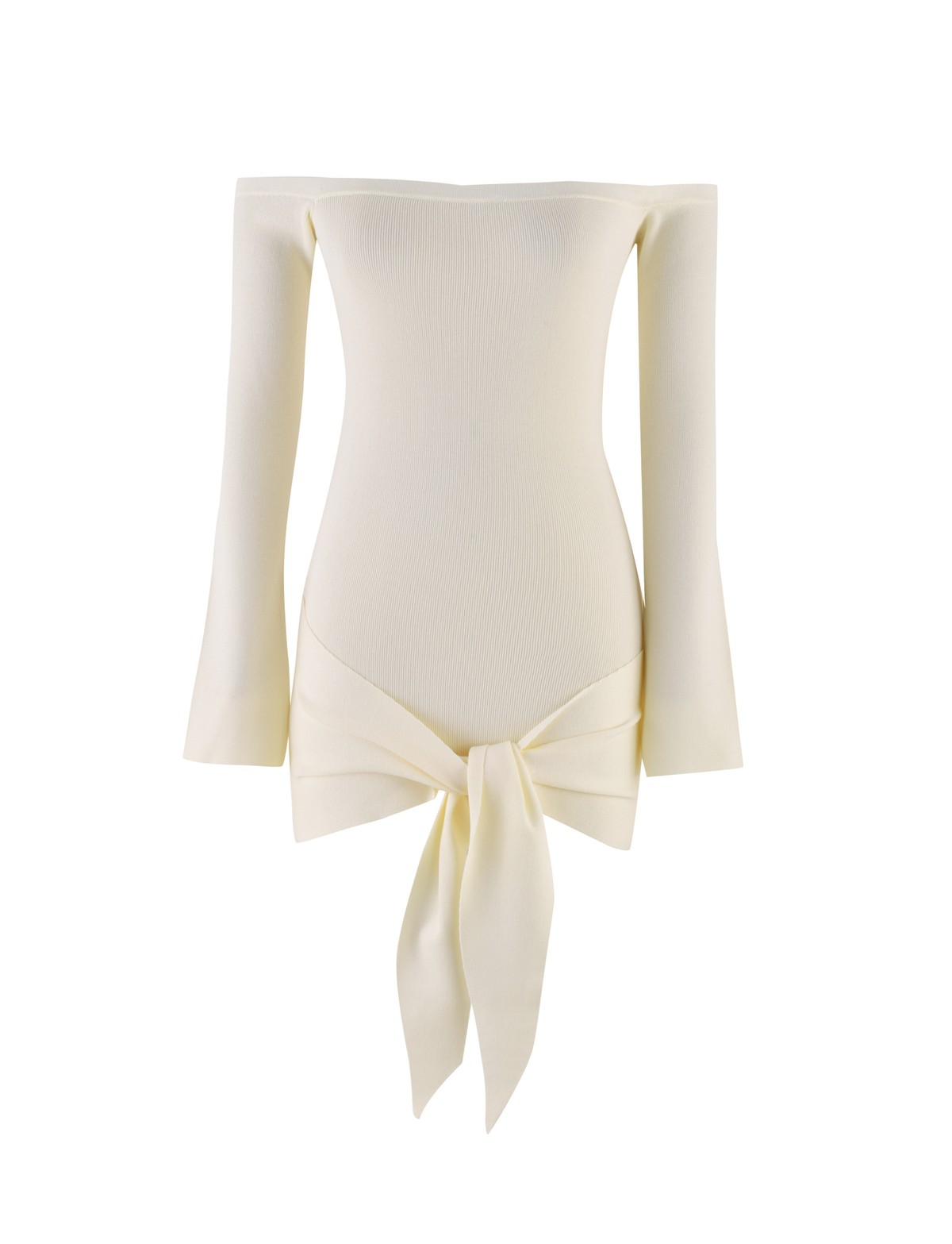 The CYPRESS DRESS – WHITE : CREAM by TIGERMIST features an off-white, off-the-shoulder neckline, long sleeves with flared cuffs, and a large decorative waist tie, shown against a plain white background.