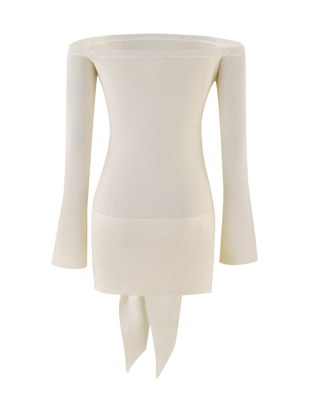 The TIGERMIST CYPRESS DRESS in white cream is a knit, off-the-shoulder bodycon dress with long sleeves and two pointed asymmetrical hem extensions, displayed on a white background.