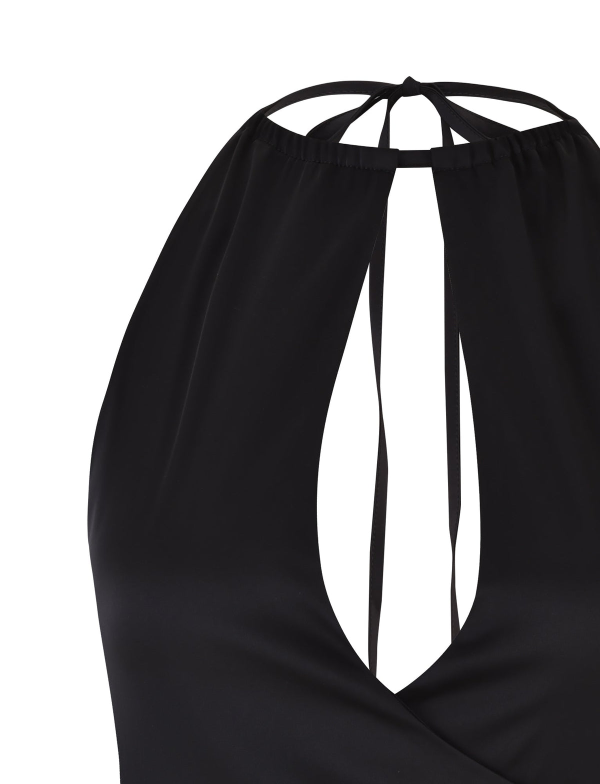 A close-up image showcases the stylish MONROE TOP - BLACK by TIGERMIST, made from smooth fabric. This chic garment features a halter neckline with thin straps tied at the neck and a keyhole cut-out design in the front, revealing some skin. The gathered waistband adds an elegant touch to this sophisticated piece.