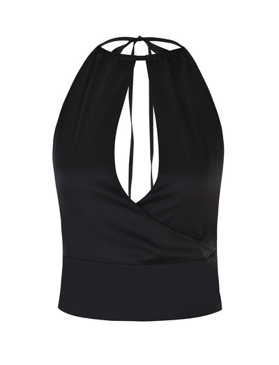 Introducing the MONROE TOP - BLACK by TIGERMIST, a sleeveless halter top featuring a deep V-neck design and a chic tie closure at the back. With its smooth texture, wrap front detail at the waist, and gathered waistband, this exquisite piece exudes an elegant and stylish appearance.