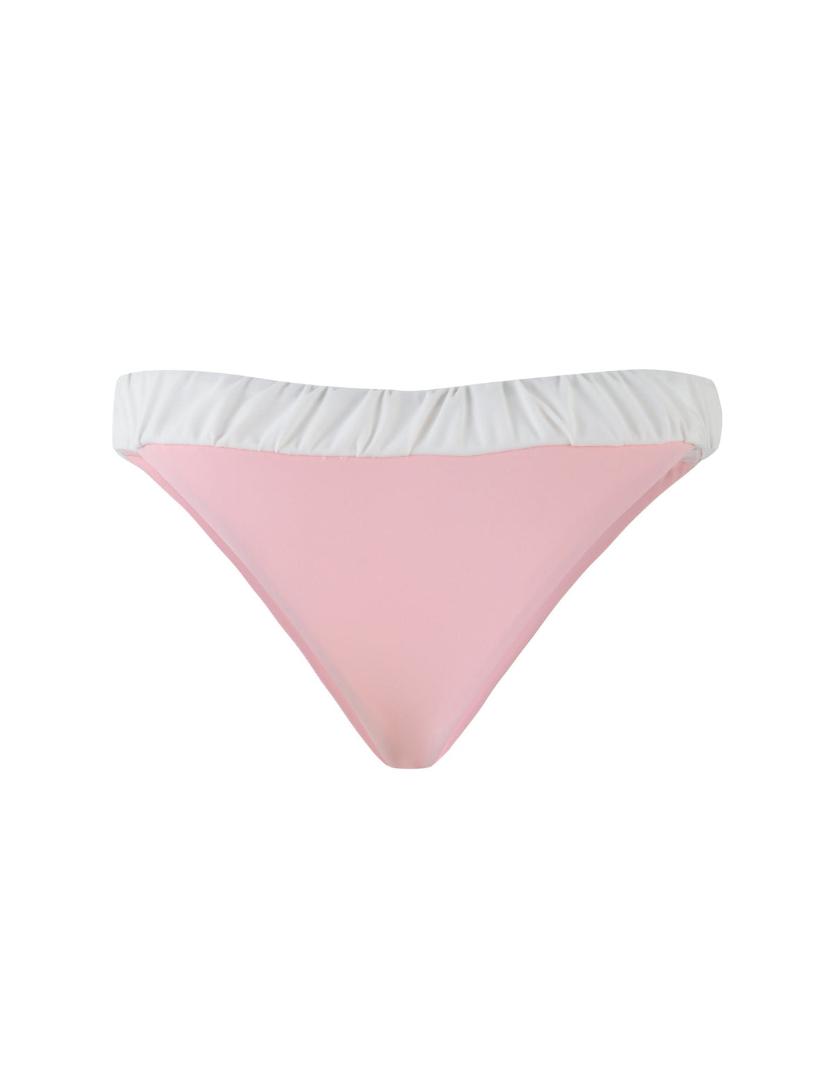 Introducing the TIGERMIST AMARAN BIKINI BOTTOM in PASTEL PINK, featuring a playful design with a light pink front and a contrasting white waistband, beautifully showcased against a white background.