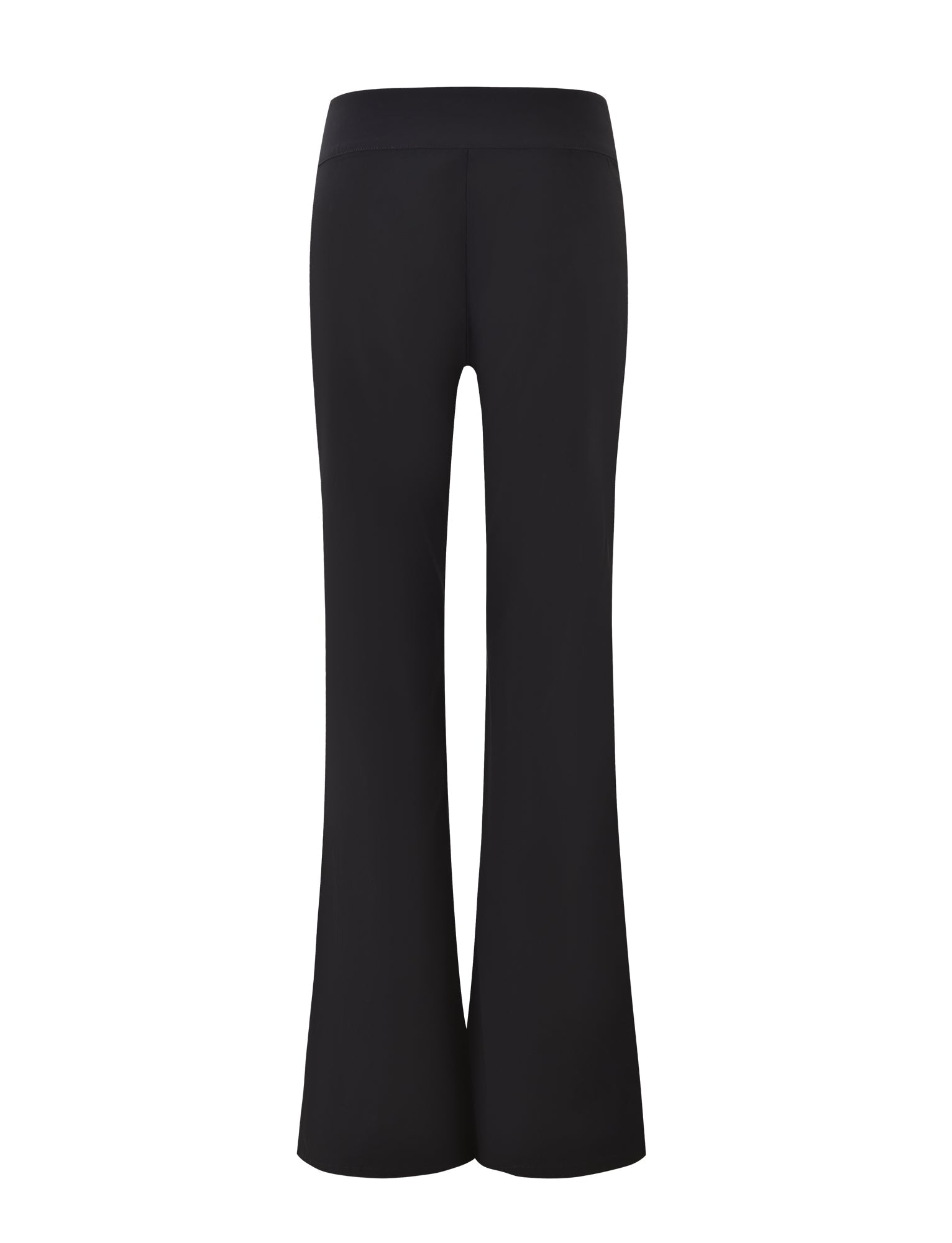 The VESPER PANT - BLACK by TIGERMIST is showcased against a plain white background. These high-waisted pants feature a sleek, minimalist design with wide legs that flare at the bottom, offering a striking yet fitted silhouette.
