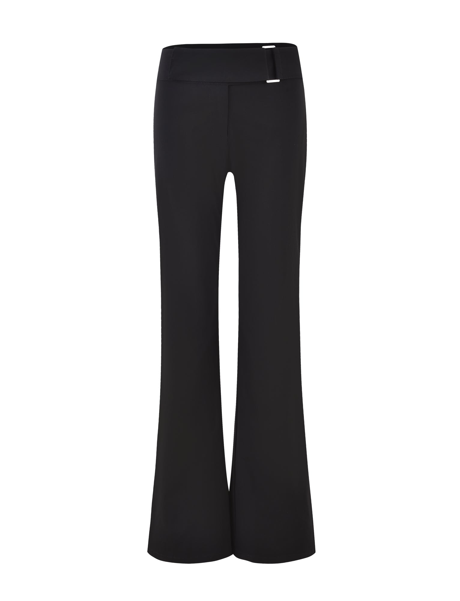 Introducing the VESPER PANT - BLACK by TIGERMIST, a pair of black, high-waisted pants with a sleek and minimalist design. These flared pants feature a front closure with a small, metallic button on the waistband. The fabric offers a smooth, fitted silhouette through the hips that gradually flares out from the knees.