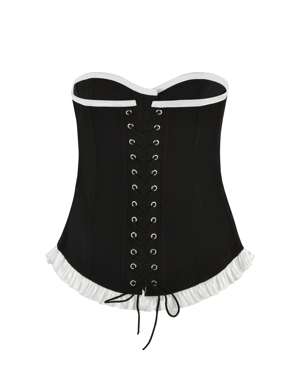 Introducing the MILLIE CORSET 2.0 - BLACK by TIGERMIST: This elegant black corset is adorned with delicate white lace trim at both the top and bottom, featuring an intricate front closure with detailed black laces threaded through silver eyelets and tied in a graceful bow. For added sophistication, it also sports a chic lace-up back design.