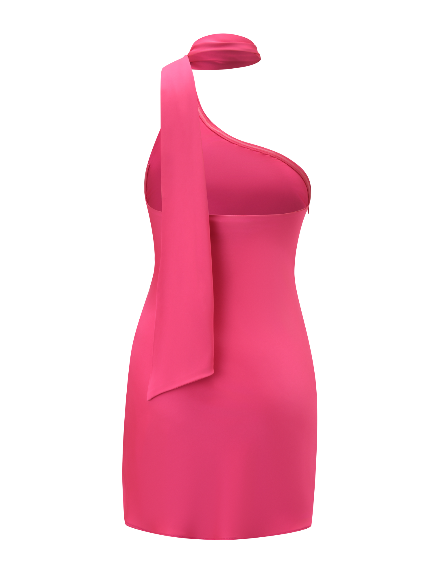 The TIGERMIST ALLIRA MINI DRESS 2.0 in bright pink is a vibrant satin mini dress, sleeveless with a single shoulder strap and a flowing sash, shown against a plain white background.