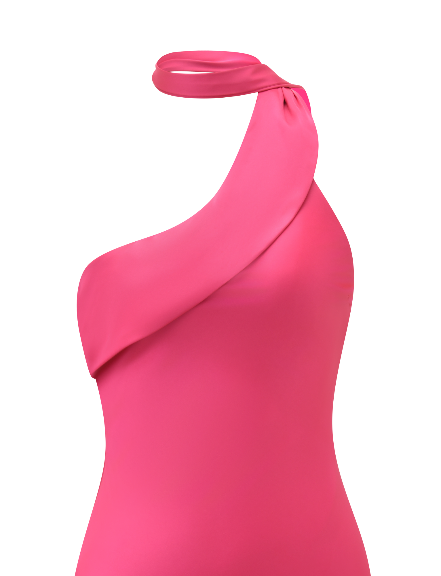 The TIGERMIST ALLIRA MINI DRESS 2.0 in bright pink features a wide draped one-shoulder strap that wraps elegantly around the neck, showcased against a plain white background.