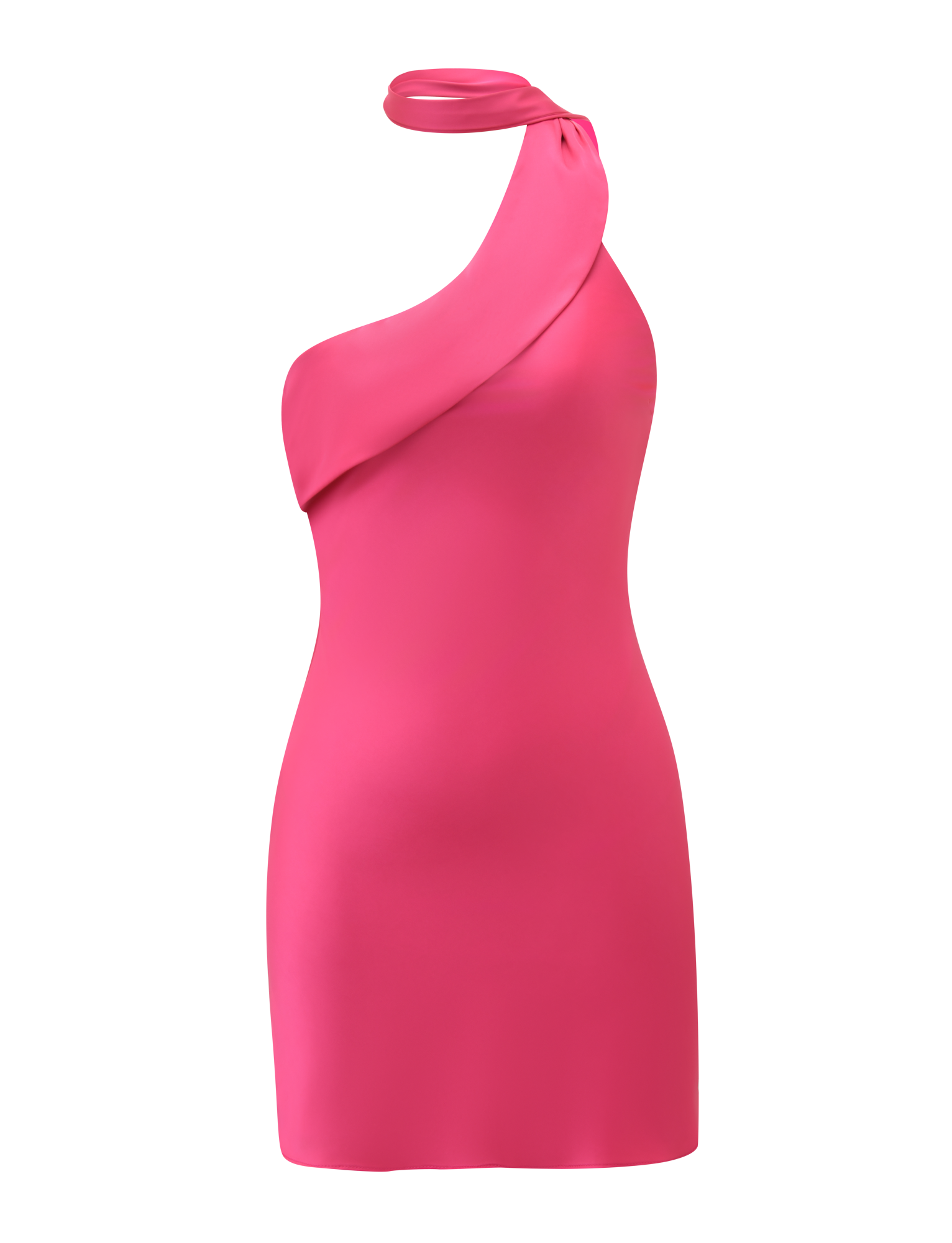 The TIGERMIST ALLIRA MINI DRESS 2.0 in bright pink is a hot pink, satin-finish mini dress with a sleeveless, asymmetrical one-shoulder neckline and draped scarf-like neck detail for a bold, form-fitting look.