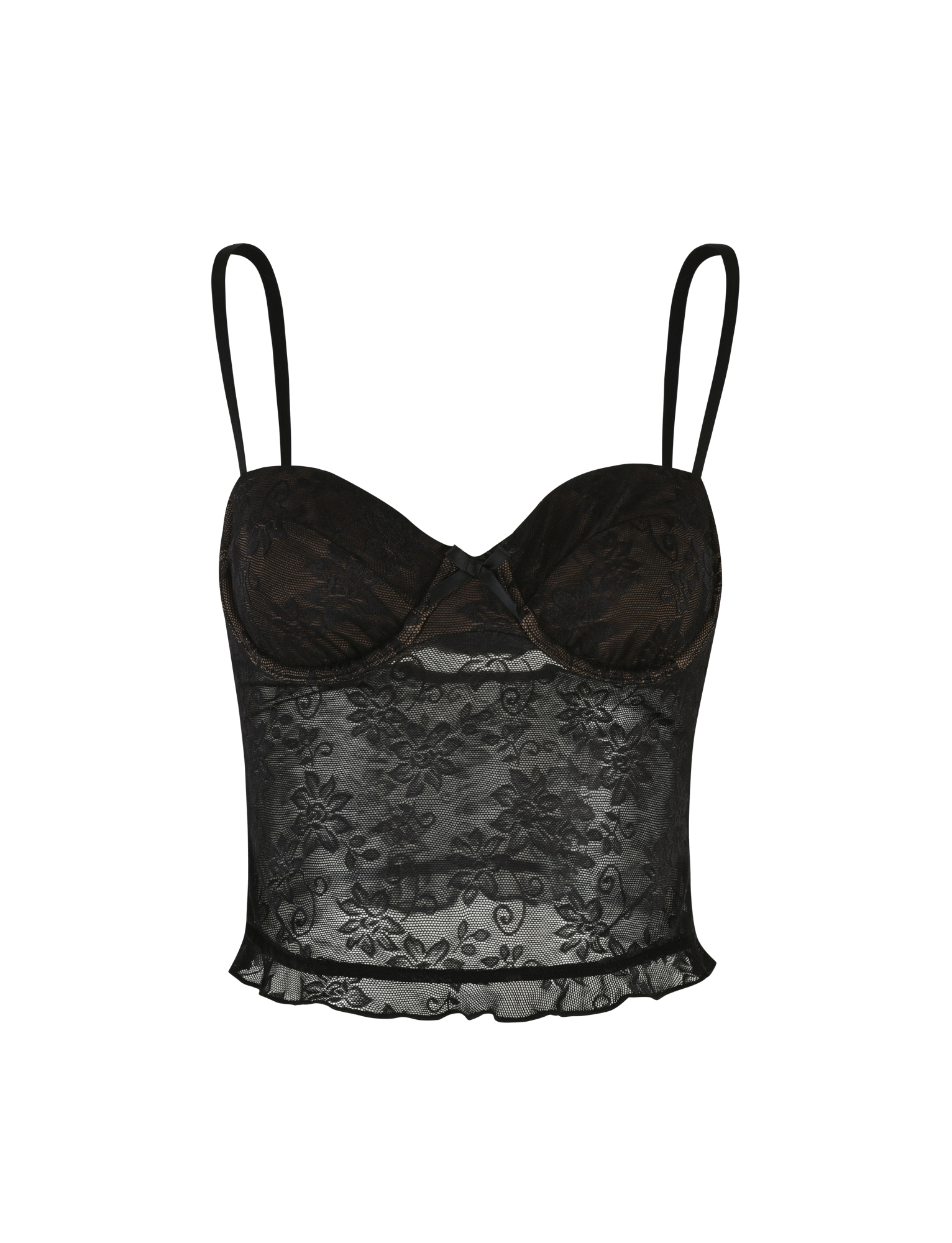 The CHARLEIGH TOP - BLACK : LACE by TIGERMIST features lace fabric, thin adjustable straps, floral patterns, structured cups, and a ruffled hem, shown on a white background.