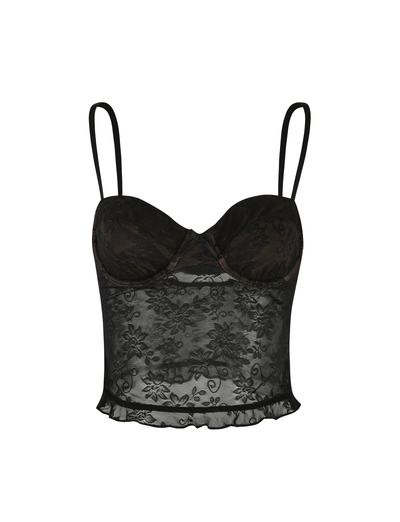 The CHARLEIGH TOP - BLACK : LACE by TIGERMIST features lace fabric, thin adjustable straps, floral patterns, structured cups, and a ruffled hem, shown on a white background.