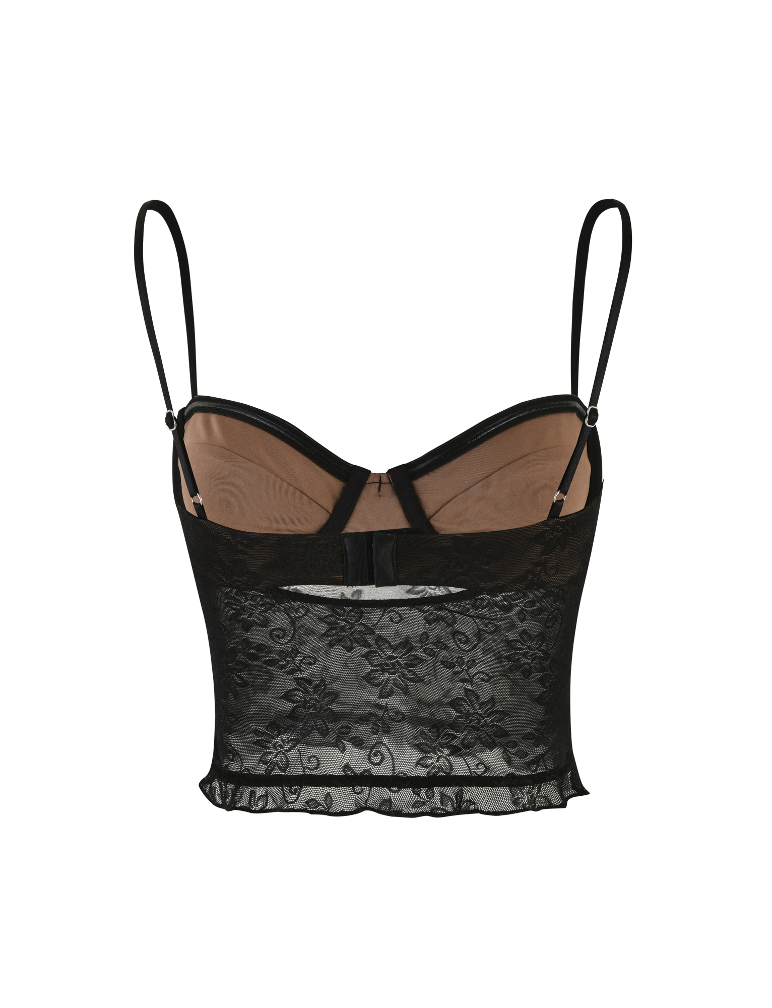 The CHARLEIGH TOP - BLACK : LACE by TIGERMIST is a sheer black camisole with floral lace, adjustable straps, nude bust lining, and a ruffled hem.