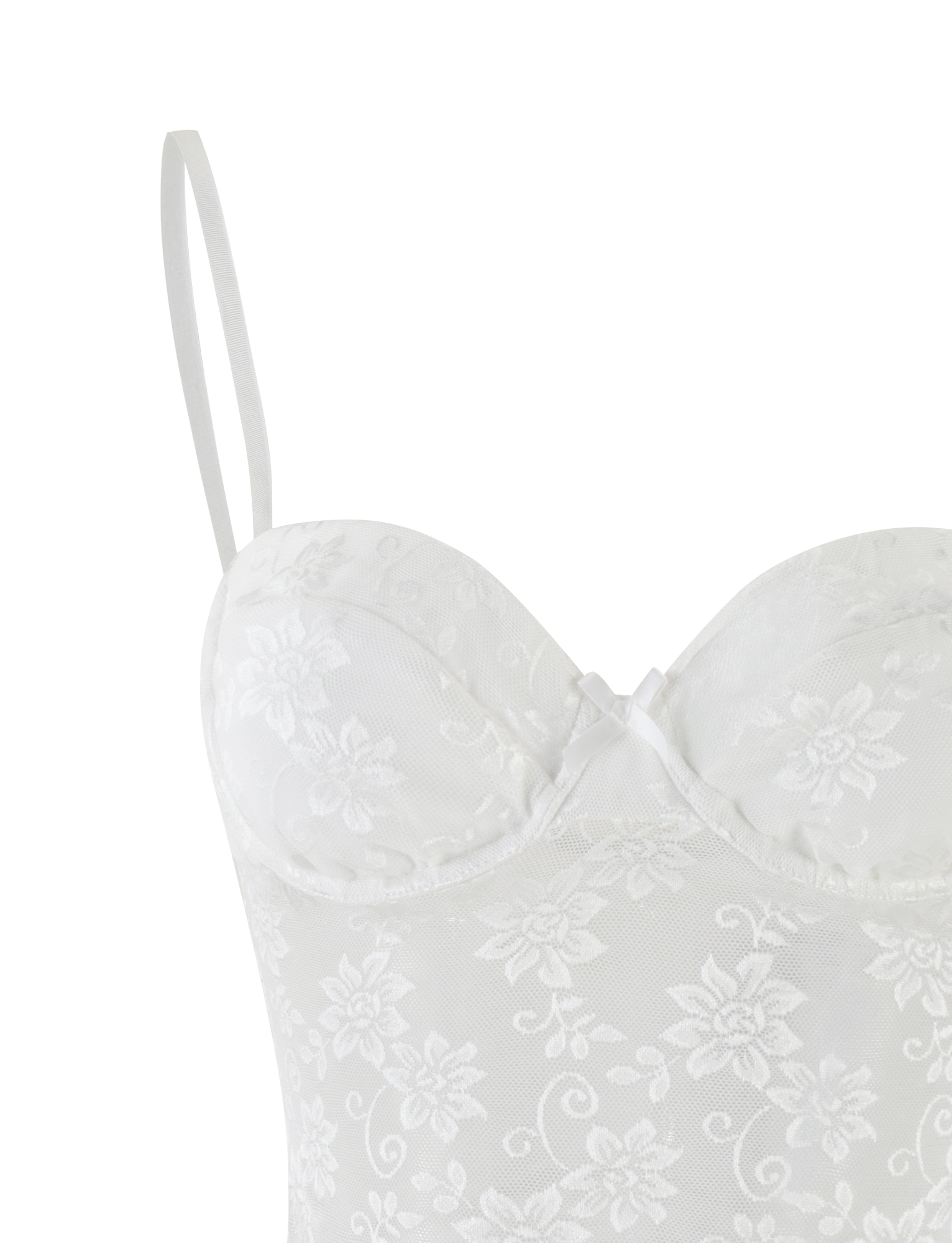 The CHARLEIGH TOP - WHITE : LACE by TIGERMIST features adjustable straps, molded cups, and sheer floral lace for a delicate, elegant look.