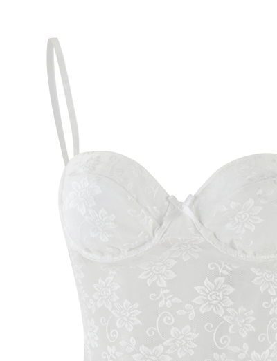 The CHARLEIGH TOP - WHITE : LACE by TIGERMIST features adjustable straps, molded cups, and sheer floral lace for a delicate, elegant look.