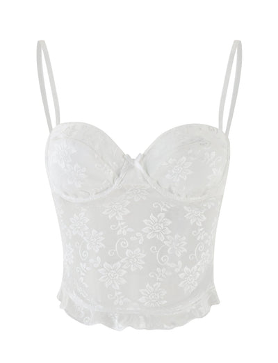The TIGERMIST CHARLEIGH TOP - WHITE : LACE is a sheer white lace camisole with adjustable straps, floral embroidery, padded cups, and a ruffled hem for a feminine and elegant look.
