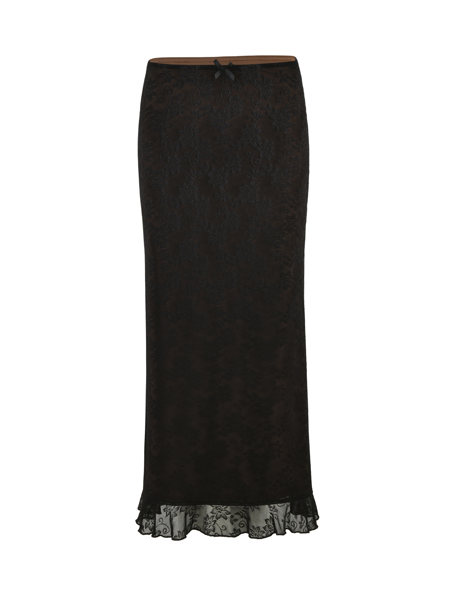 The CHARLEIGH SKIRT - BLACK : LACE by TIGERMIST is a long, fitted black lace skirt with a scalloped hem and a small black bow at the waist, shown on a white background.