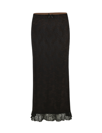 The CHARLEIGH SKIRT - BLACK : LACE by TIGERMIST is a long, fitted black lace skirt with a scalloped hem and a small black bow at the waist, shown on a white background.