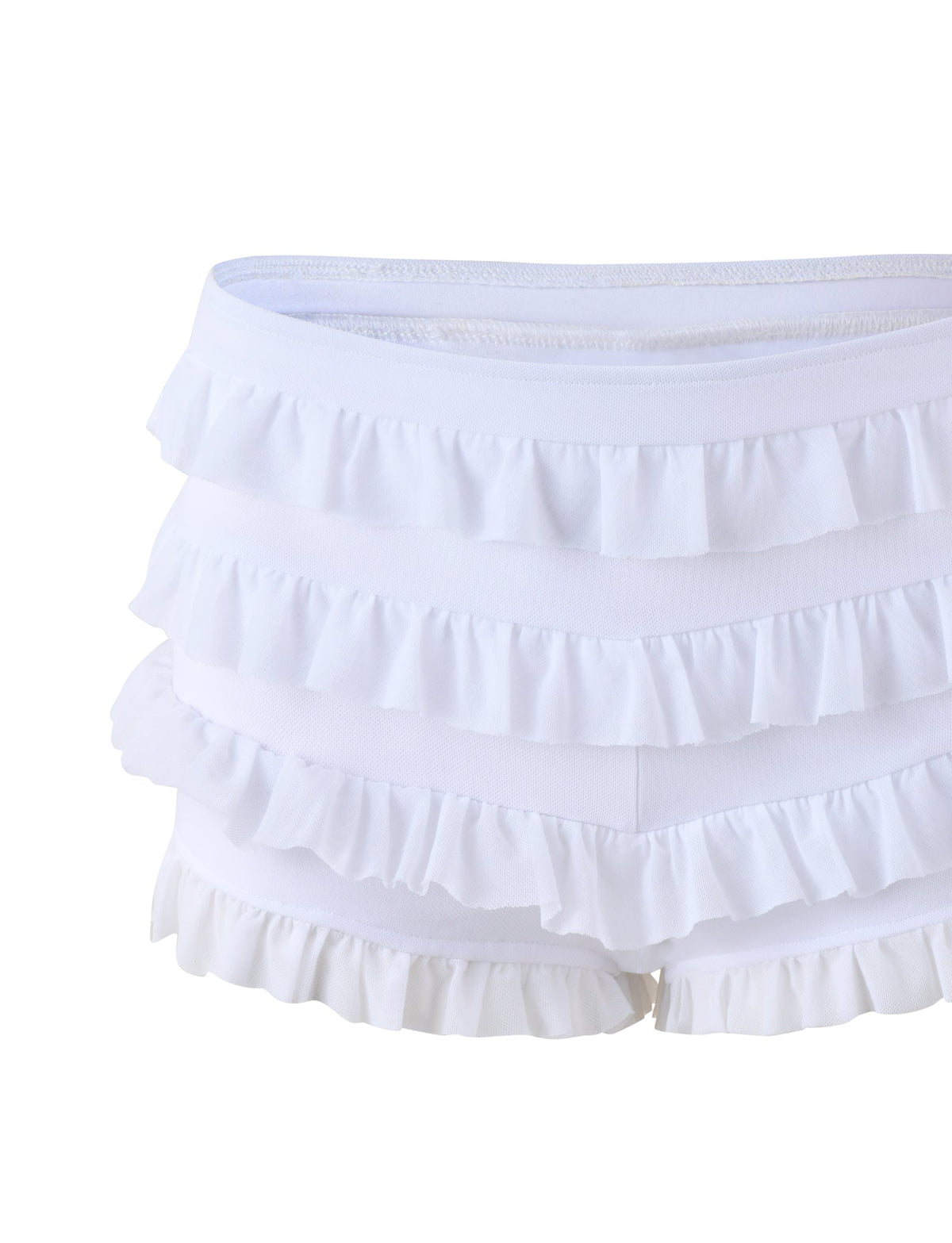MIKEL SHORT - WHITE by TIGERMIST, featuring an elasticated waist and multiple layered frills, shown from the front against a plain background.
