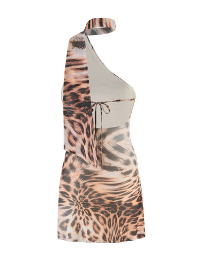 Introducing the ALLIRA MESH MINI DRESS 2.0 - NEUTRAL : LEOPARD : LEOPARD HAZE by TIGERMIST, a striking sleeveless mini dress with an asymmetrical cut and a daring leopard print in shades of brown, black, and beige. This standout piece showcases a distinctive shoulder strap design and a stylish mid-thigh length.
