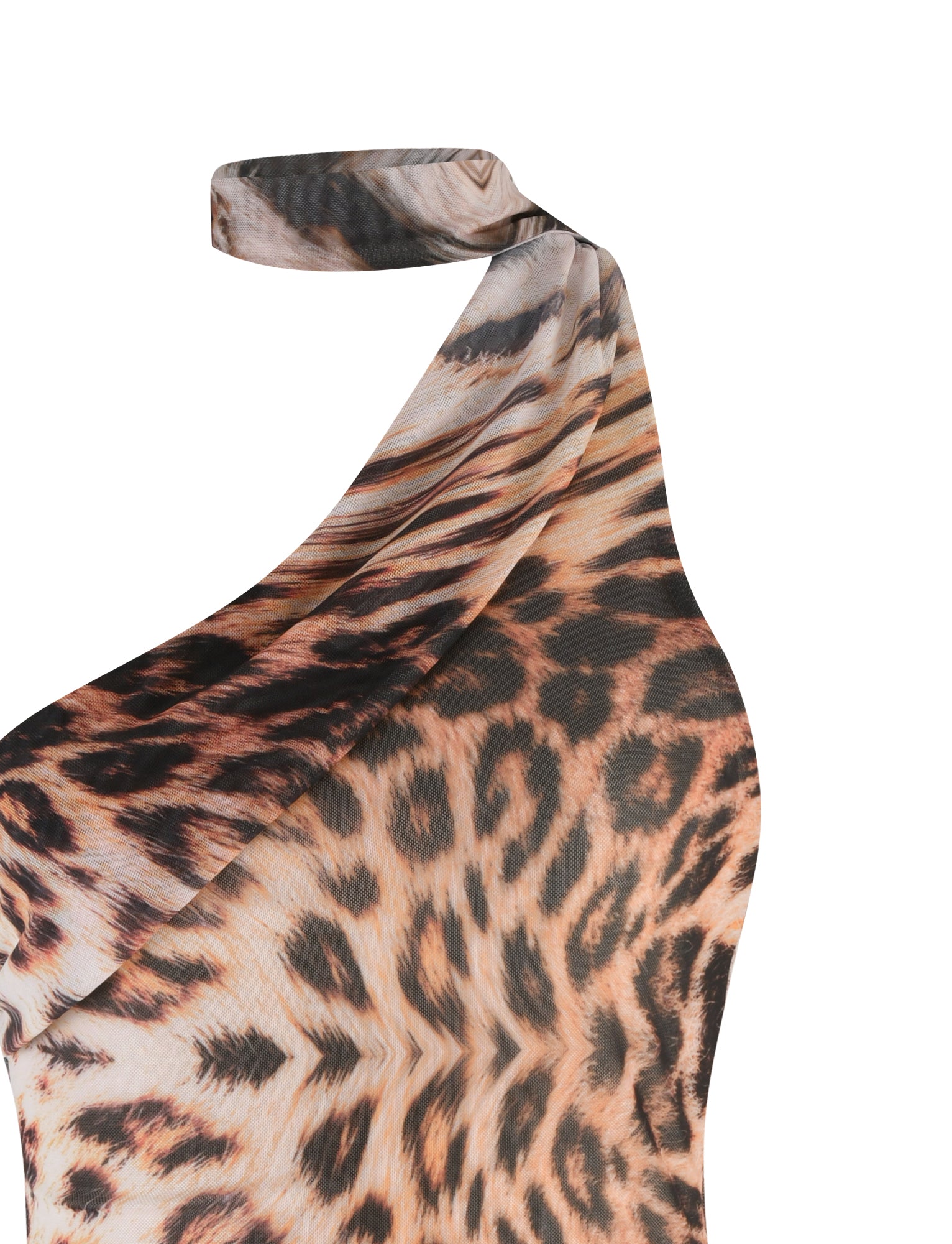 Close-up of the ALLIRA MESH MINI DRESS 2.0 by TIGERMIST, highlighting its fitted design and leopard haze pattern in neutral tones. The lightweight dress features a halter neck style with realistic shades of brown, black, and beige for an authentic animal skin appearance.