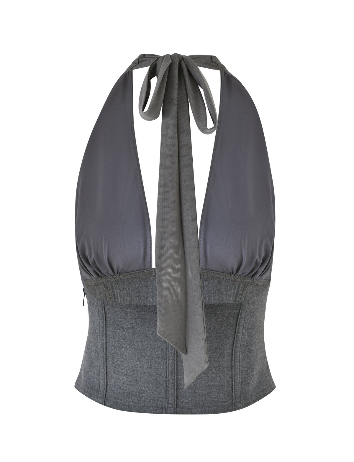 Introducing the JANECE TOP - GREY by TIGERMIST, a sophisticated backless garment crafted in deep gray suiting fabric. It features a halter neck with a wide tie at the back and a fitted bodice that provides a corset-like appearance, adding an elegant touch.