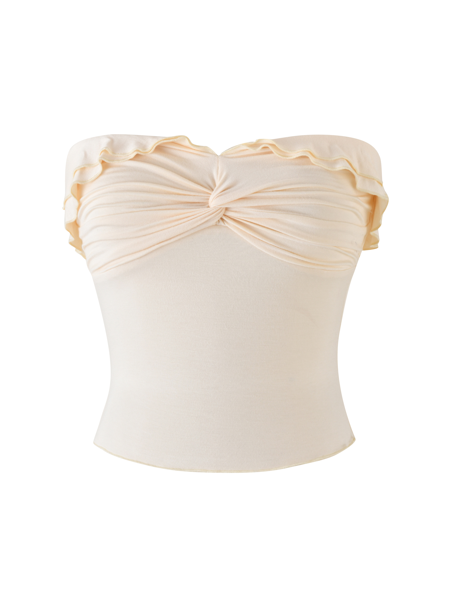 The TIGERMIST DENALI BOOB TUBE in Neutral: Bone is a strapless, off-the-shoulder bandeau featuring a front twisted knot detail and subtle ruffle trim, shown against a plain white background.
