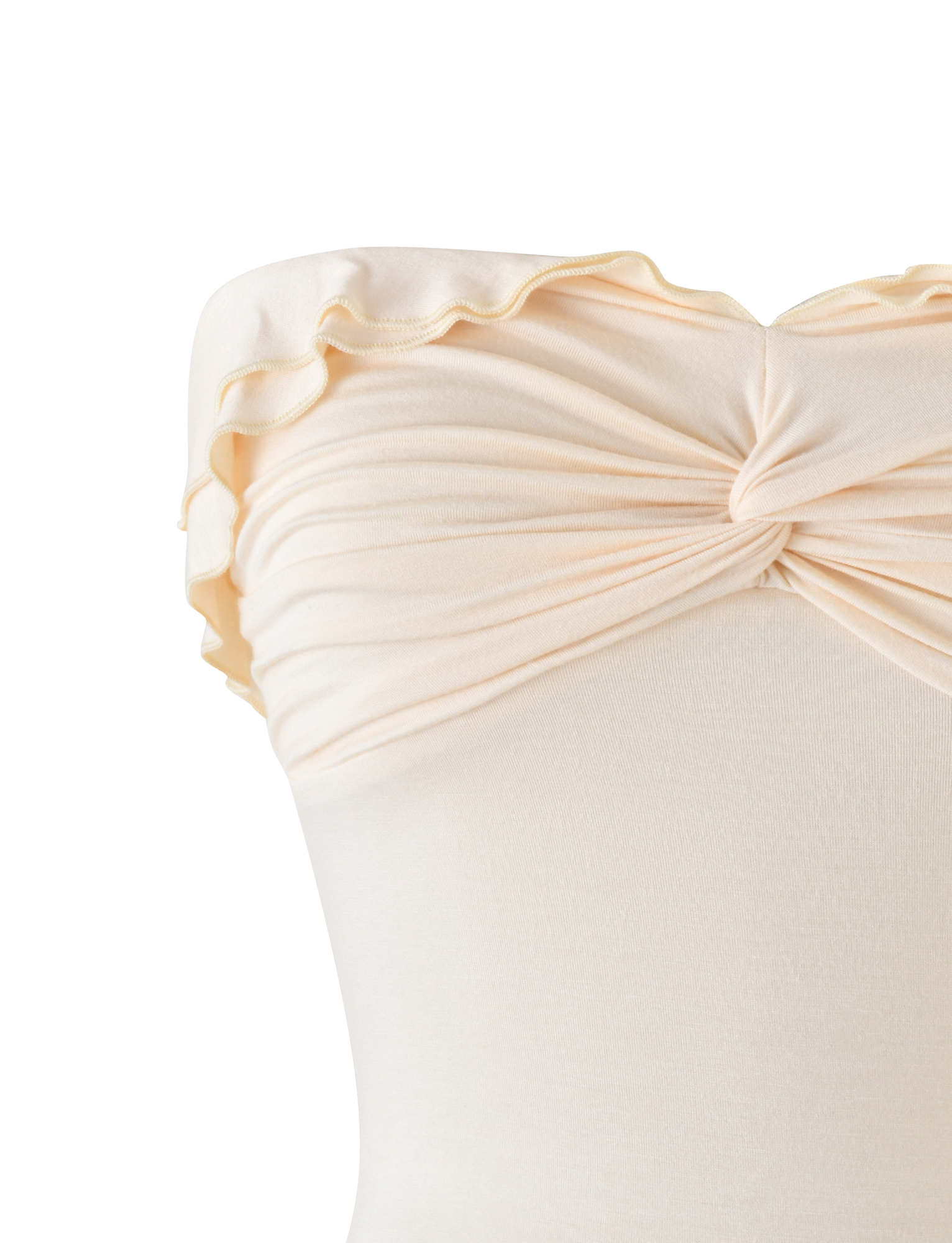 Close-up of the DENALI BOOB TUBE - NEUTRAL : BONE by TIGERMIST, an off-white strapless bandeau with a center twist detail and ruffled neckline, crafted from stretchy fabric.