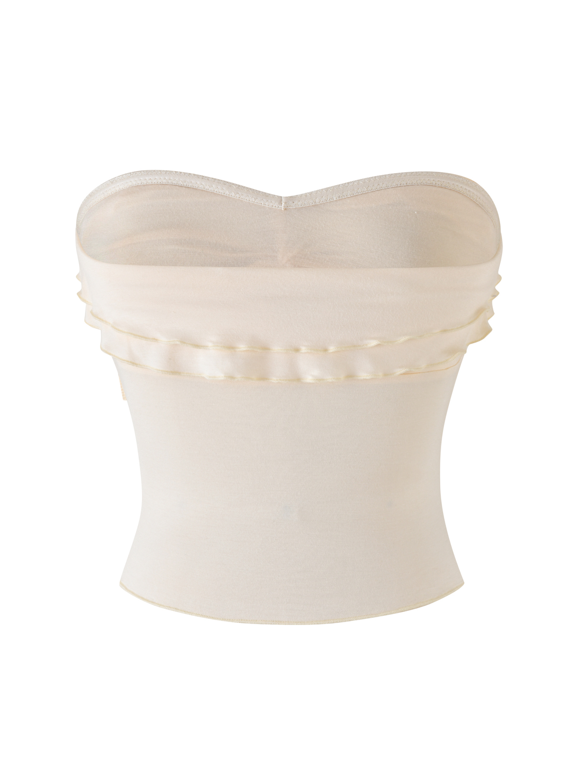 The DENALI BOOB TUBE - NEUTRAL : BONE by TIGERMIST is a strapless cream bandeau with stretchy satin-like fabric and subtle horizontal pleats near the top, shown against a white background.