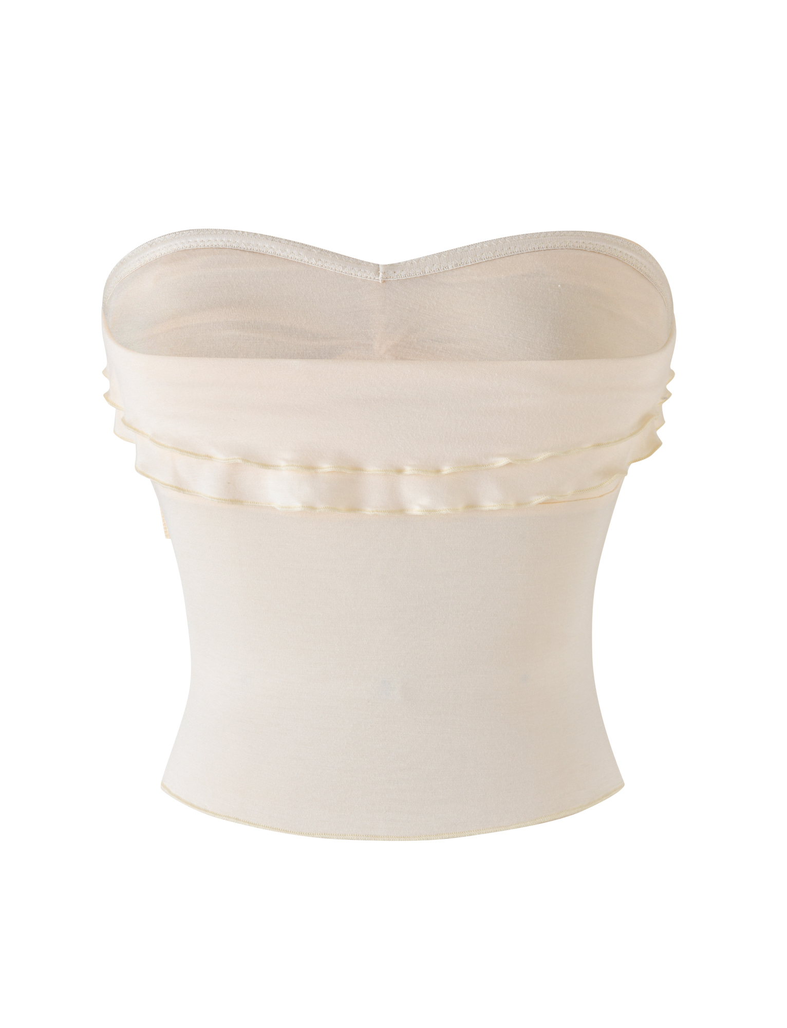The DENALI BOOB TUBE - NEUTRAL : BONE by TIGERMIST is a strapless cream bandeau with stretchy satin-like fabric and subtle horizontal pleats near the top, shown against a white background.