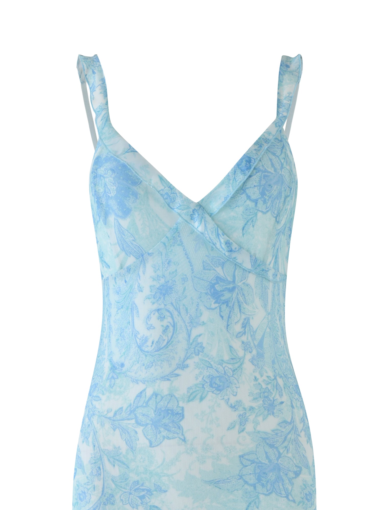 Introducing the GUILIANNA FRILL MAXI DRESS by TIGERMIST, featuring a light blue design adorned with delicate floral and paisley patterns. This dress includes adjustable frill shoulder straps, a fitted bodice, and high stretch fabric for added comfort.