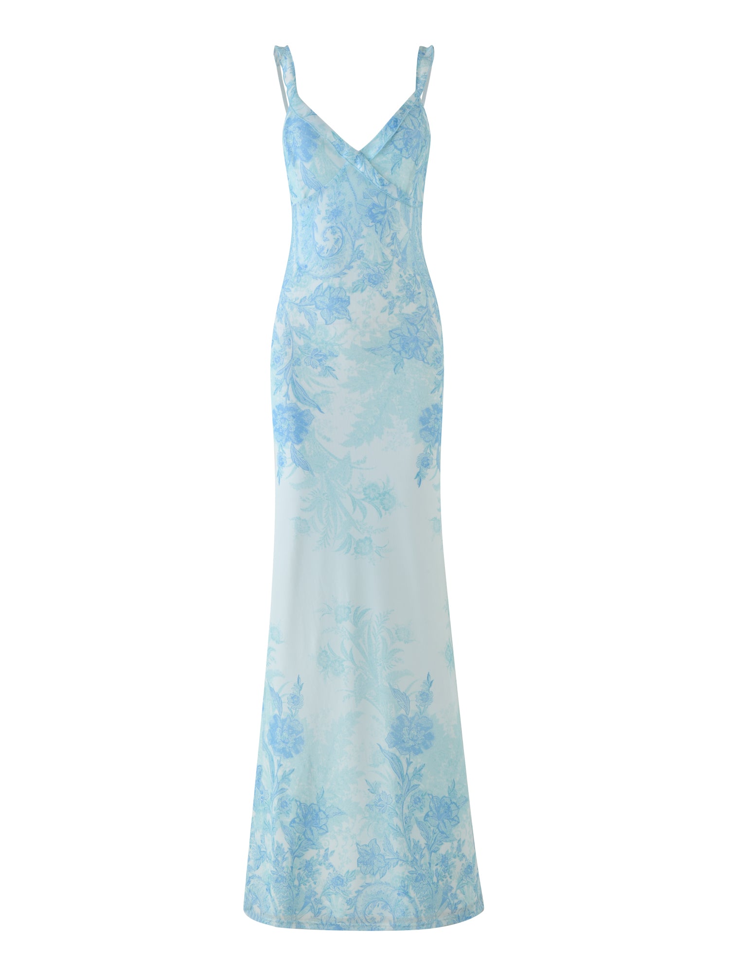 Discover elegance with the GUILIANNA FRILL MAXI DRESS by TIGERMIST, featuring a floor-length design and a V-neckline. This sleeveless floral masterpiece boasts a tapestry of blue hues on a light background, offering a fitted silhouette crafted from high stretch fabric for ultimate comfort and sophistication.