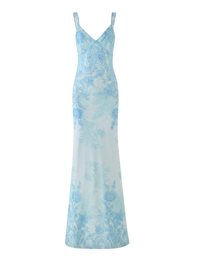 Discover elegance with the GUILIANNA FRILL MAXI DRESS by TIGERMIST, featuring a floor-length design and a V-neckline. This sleeveless floral masterpiece boasts a tapestry of blue hues on a light background, offering a fitted silhouette crafted from high stretch fabric for ultimate comfort and sophistication.
