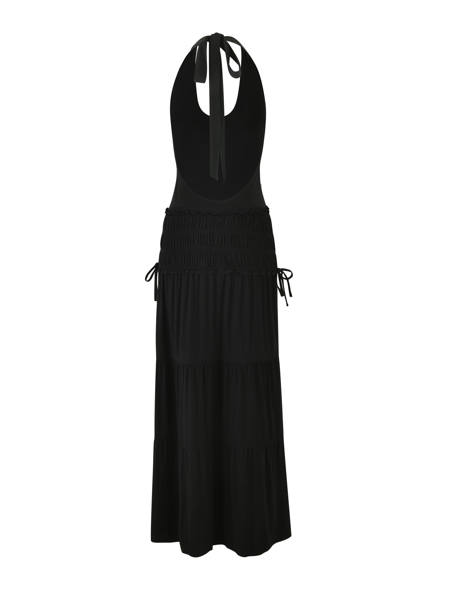 The DENALI HALTER MAXI DRESS - BLACK by TIGERMIST features a sleeveless halter neck design with a cinched waist and a long, flowing tiered skirt made from buttery jersey. Delicate bow details at the waist add an elegant touch to this piece.